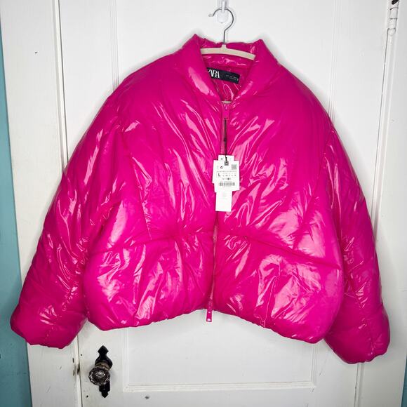 Zara Glossy Shiny Vinyl Puffer Jacket Hot Pink High Neck NEW Size Large L Baddie - Picture 2 of 16